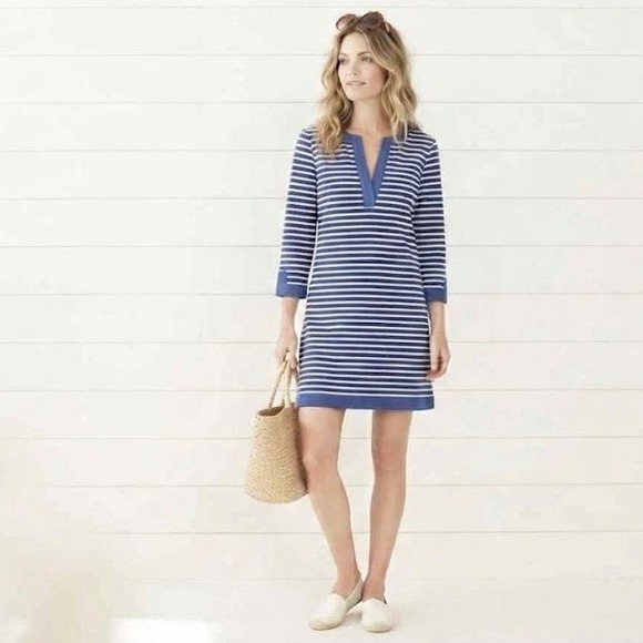 Aqua Et Sol Dresses & Skirts - Aqua et Sol Striped Tunic Dress Women L Navy Blue White Split V-Neck Travel
